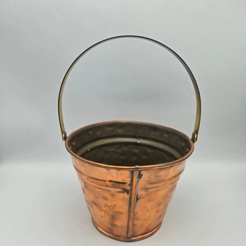 Vintage Artisan Made Hammered Copper Bucket Pail Brass Handle Signed CH 1991